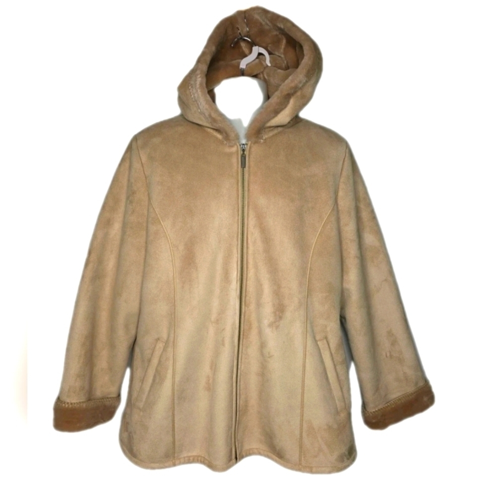 MARVIN RICHARDS Tan Polyester Suede Leather Hooded Faux Fur Lining Jacket  XL